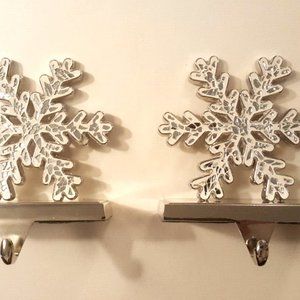 CHRISTMAS SNOWFLAKE STOCKING MANTLE PIECE HOLDERS Set Of 2 Metal W/ Mirror Inlay